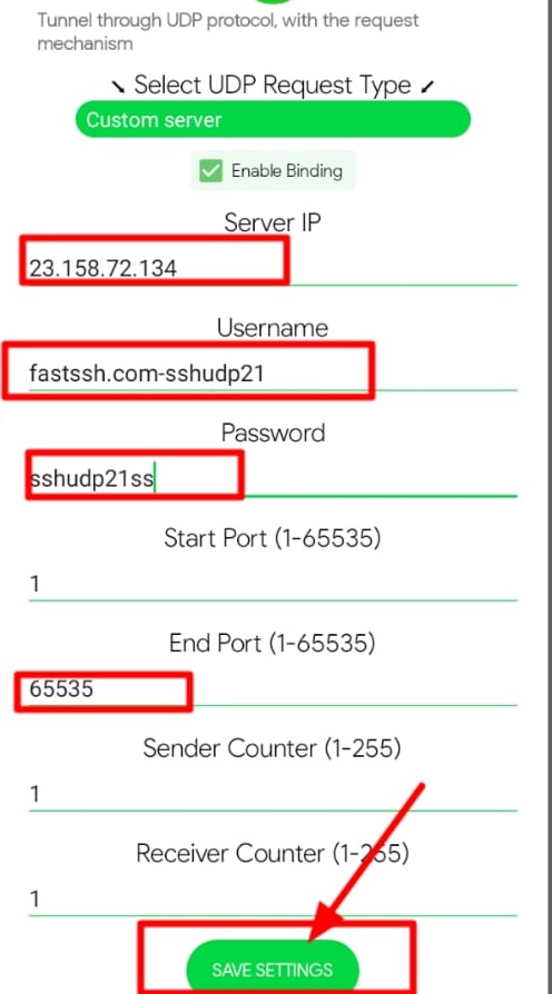 UDP SSH Server, Enter the UDP SSH Username and Password