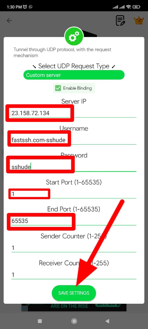 UDP SSH Server, Enter the UDP SSH Username and Password